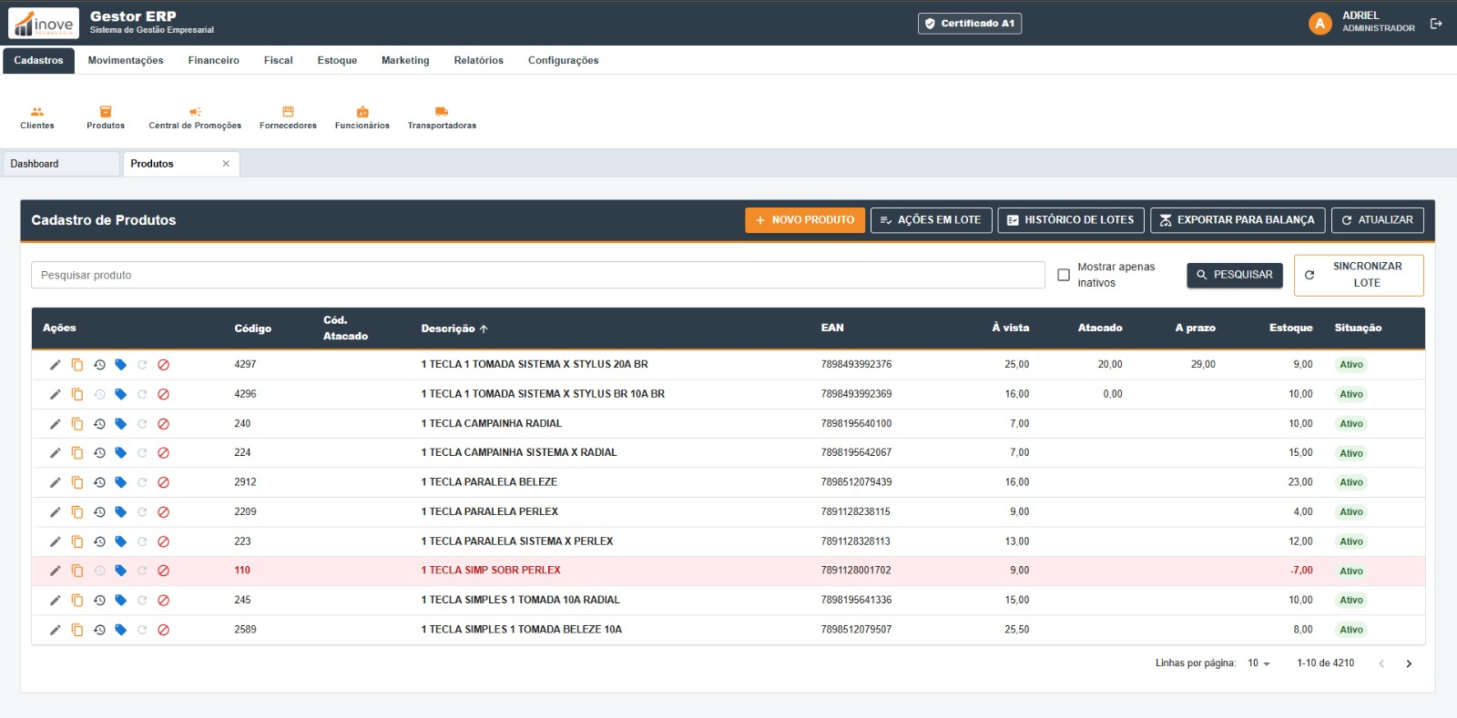 Tela de produtos do sistema PDV Inove